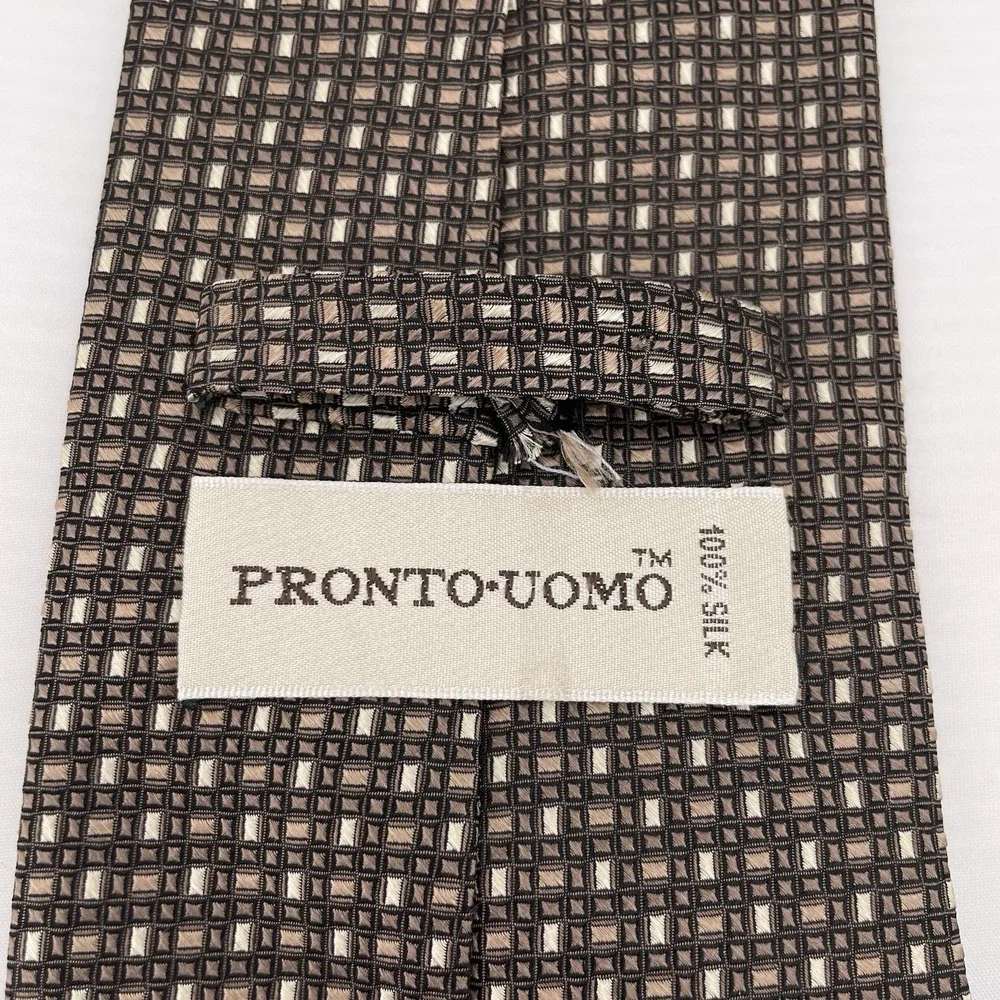 PRONTO UOMO Men's Silk Necktie‎ Designer Brown Geometric Handmade 59